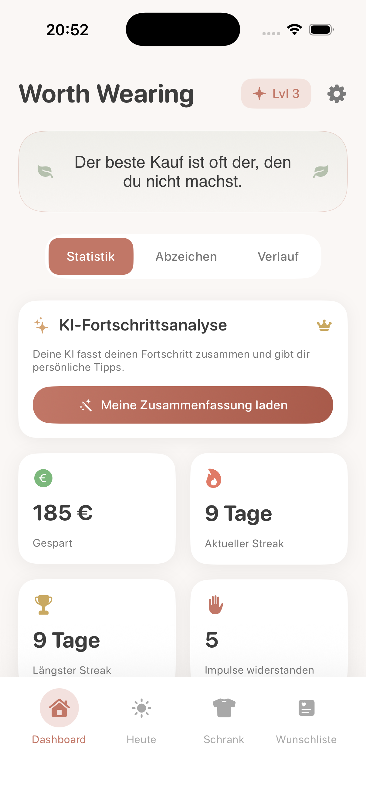 Dashboard der Worth Wearing App