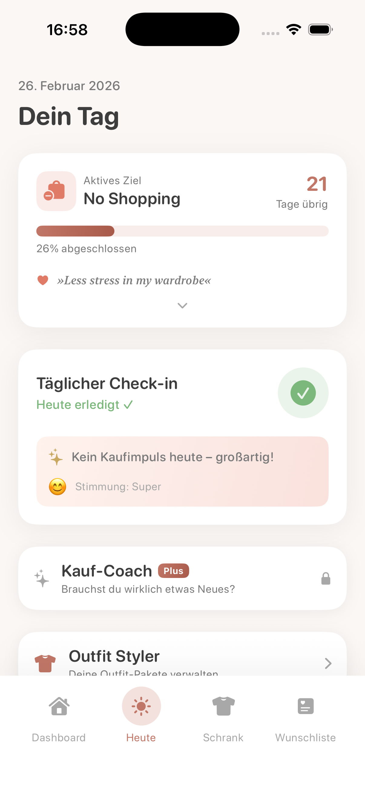Dein Tag – Aktives Ziel, Check-in