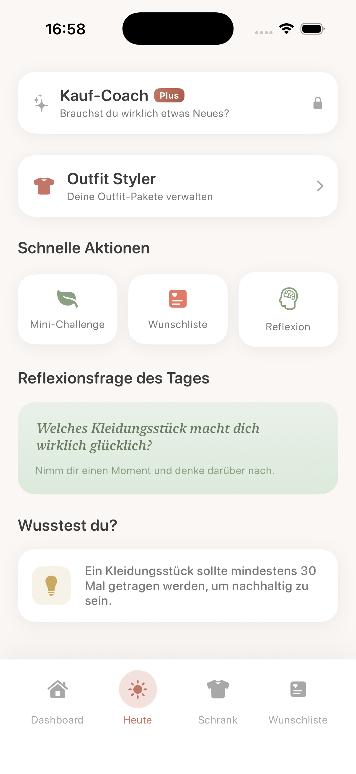 Dein Tag – Quick Actions, Reflexion